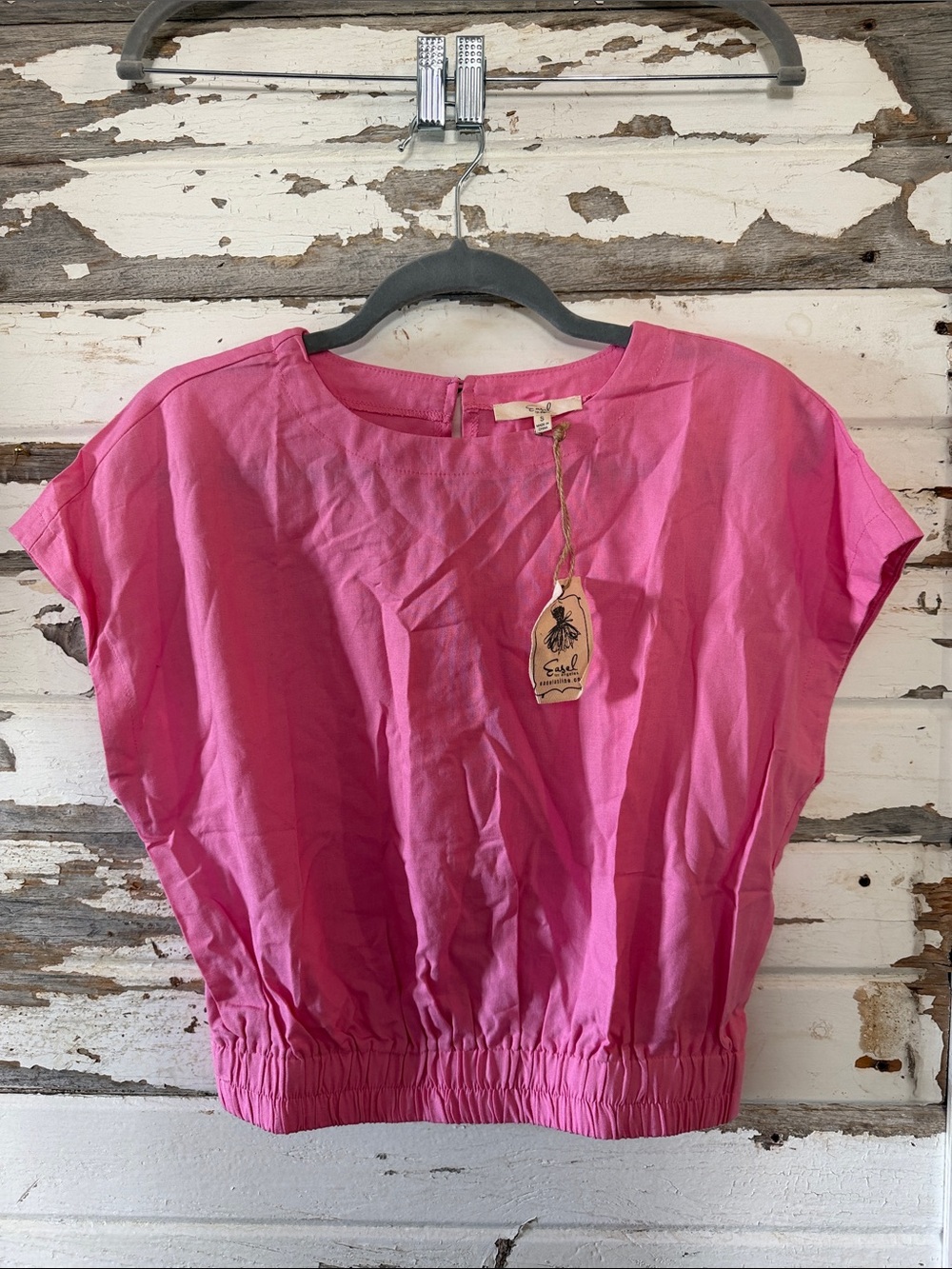easel Hot Pink Short Sleeve Elastic Hem Crop Top